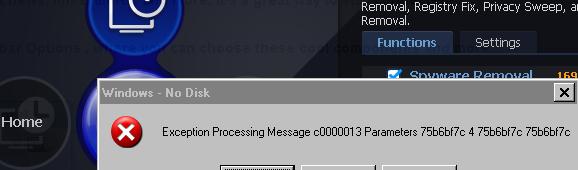 windows no disk exception error message